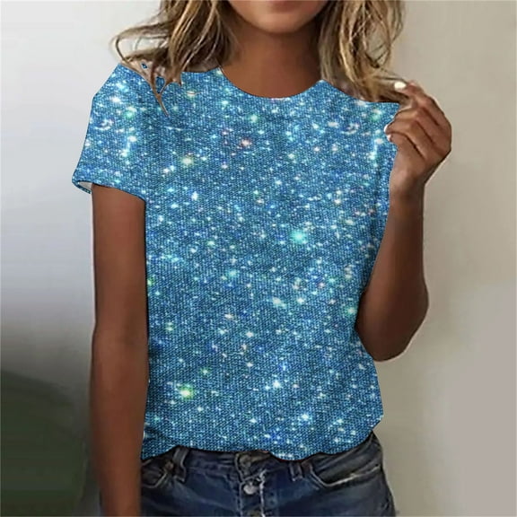 Women's 2024 Sparkly Sequin Tops Short Sleeve Glitter Loose Party Shirt Blouse Night Out Shirts for Party Evening