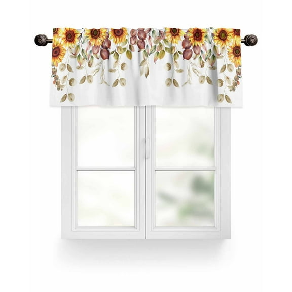 Yellow Fall Thanksgiving Kitchen Valances for Windows Sunflower Leaf Floral Print Valance Curtains for Kitchen /Living Room/Bedroom/ Bathroom Decor, 42"x12 " ,Rod Pocket 1 Panel, White
