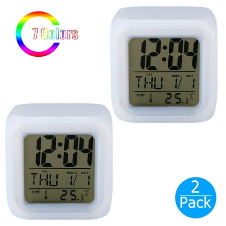 2-pack Digital Alarm Thermometer Night Glowing Cube 7 Colors Clock LED Change LCD LED Changing Digital Alarm Clock with Snooze, Music and Large Display