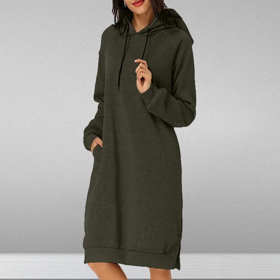 Guieoi Dress for Women under $10.00 Plus Size Women's Long Sleeve Solid Color Hoodie Loose Dress Girl Spring Winter Loose Dress Green