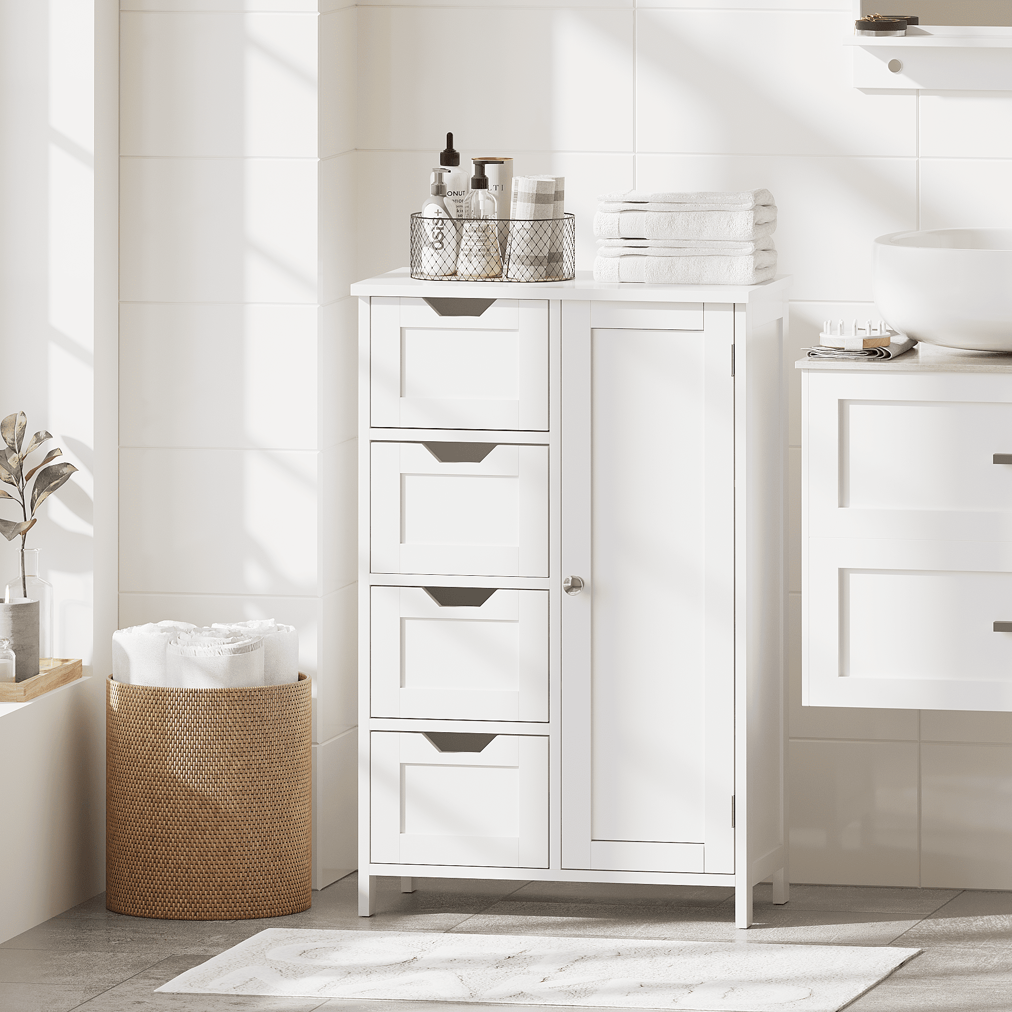 Mintazer Bathroom Floor Cabinet with Adjustable Shelf & 4 Drawer and Door, Freestanding Storage Cabinet for Bathroom & Hallway, White