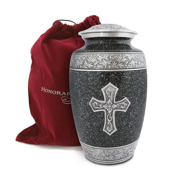 Honorary Memorials Dark Marble Sacred Cross Cremation Urn for Human Ashes - Handmade Cremation Urn - Adult Size Burial Urn - Velvet Bag for Urn Included