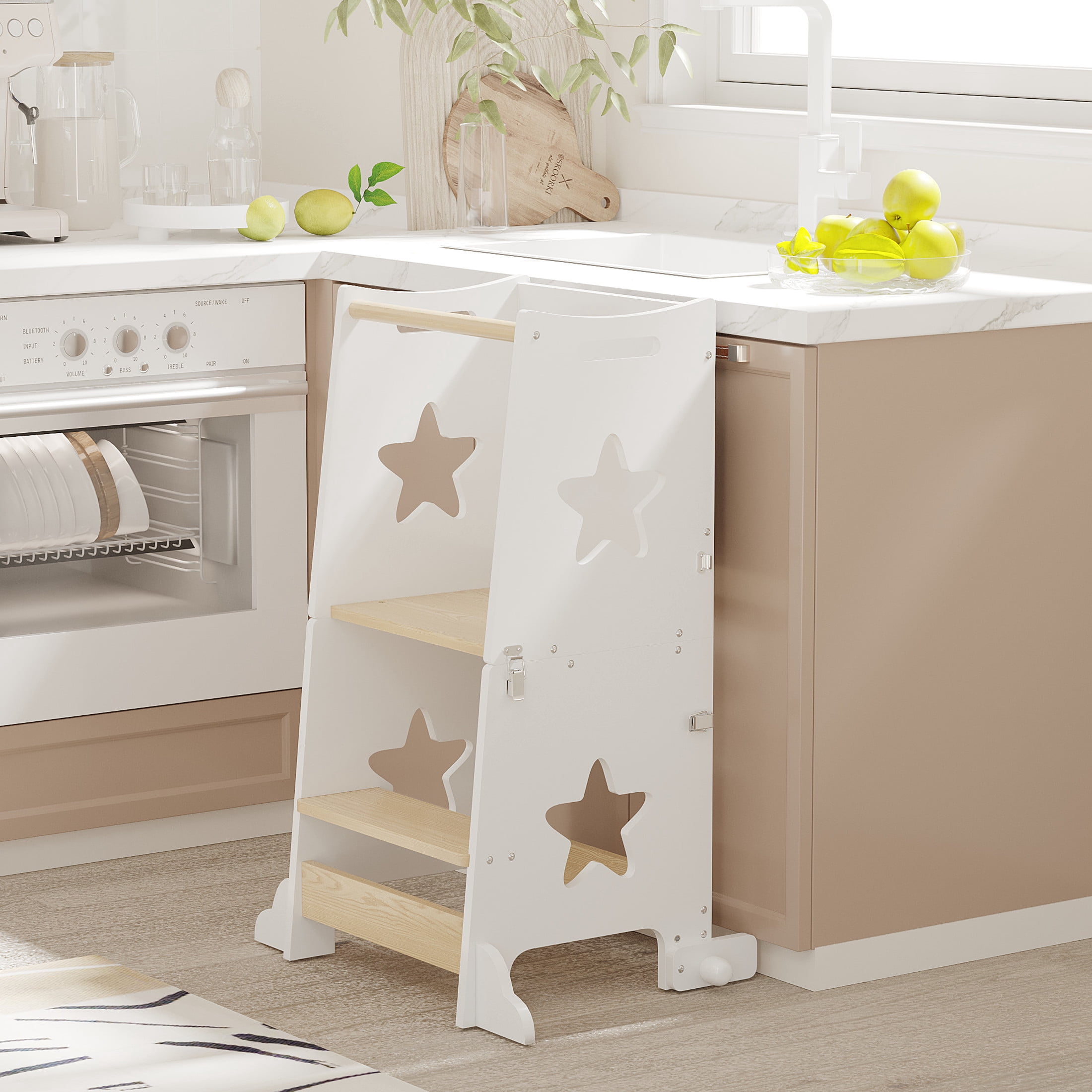 Noble House 3-in-1 Toddler Kitchen Step Stool with Blackboard and Convertible Table & Chair Set, Learning Tower, White