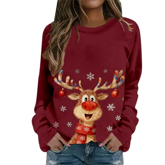 KANG Cute Deer Print Pullover Casual Crewneck Long Sleeve Holiday Soft Fashion Sweatshirt Top For Daily Wear