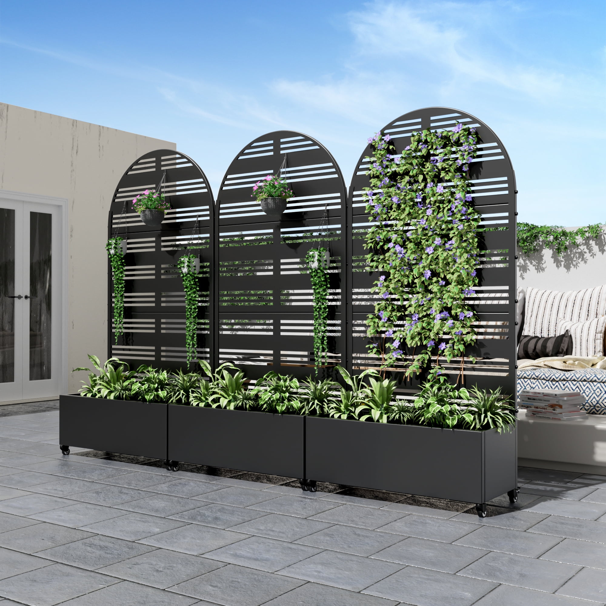 MAYEERTY 72"x35" Metal Black Arch Planter Box, Outdoor Raised Garden Beds with Trellis for Vine Climbing Plants