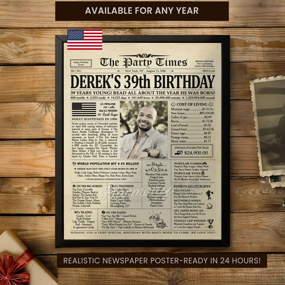 YaHaku 39th Birthday Newspaper Poster, 39th Birthday Gifts for Him or Her, Back in 1986, Personalized 1986 Birthday Party Sign for Women or Men