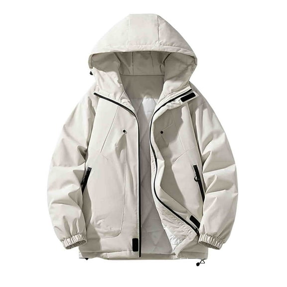 TFEOQRY Short Padded Coats for Men Casual Pocket Zipper Hooded Jacket Long Sleeves Cotton Loose Coat Beige