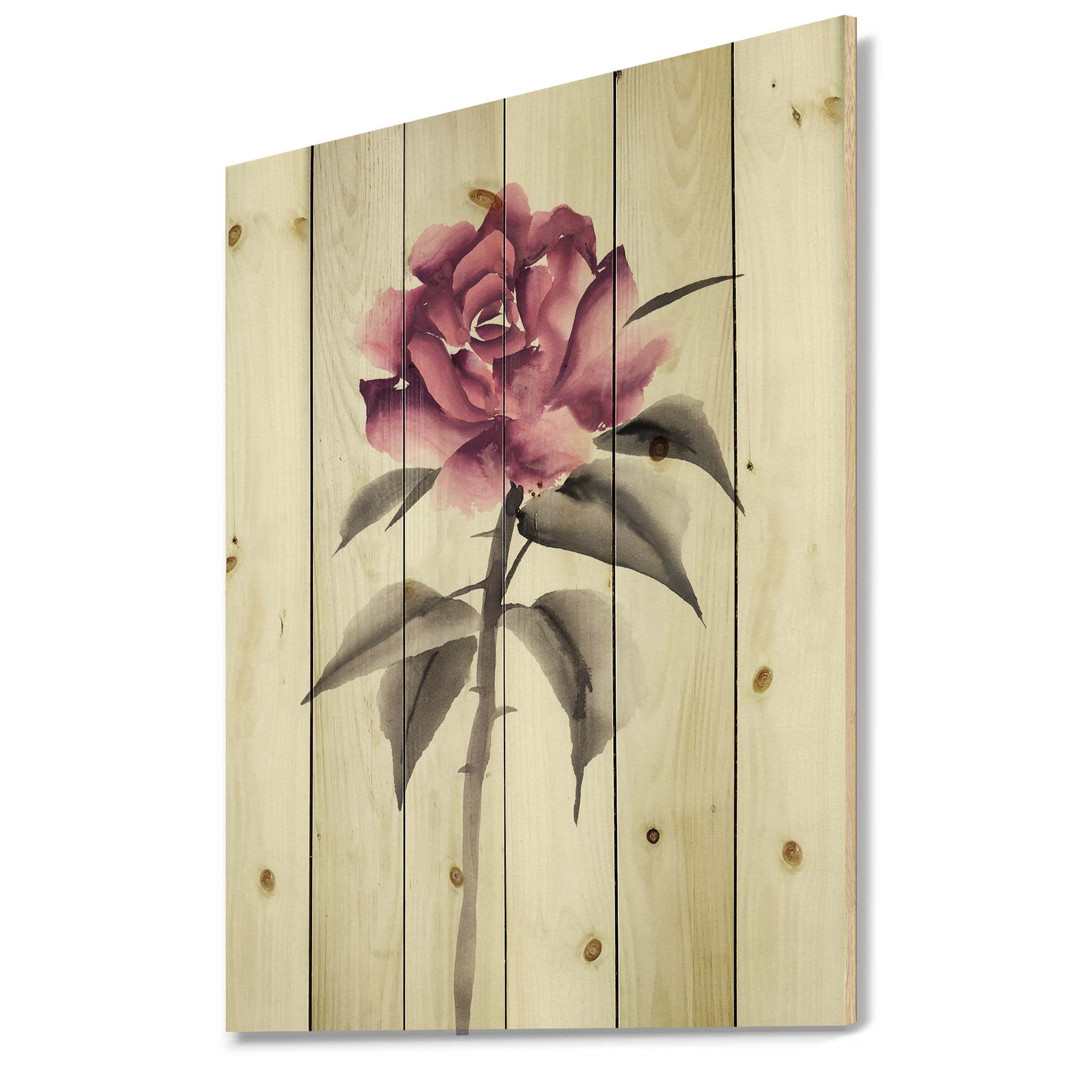 Designart 'Ancient Pink Rose Flower' Traditional Print on Natural Pine Wood