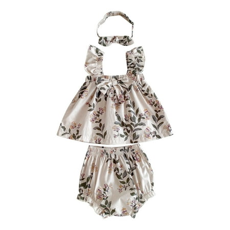 

Lovskoo 6M-3T Newborn Baby Girl Summer Clothes Ruffle Bowknot Sleeveless Tank Tops Bubble Shorts Outfit Set with Headband 3Pcs Infant Girls Summer Outfit Gray