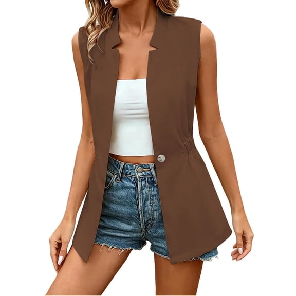Sahpxhe Blazer Vest for Women Sleeveless Notched Collar Single Button Casual Long Suit Waistcoat for Work Business Coffee XXXL