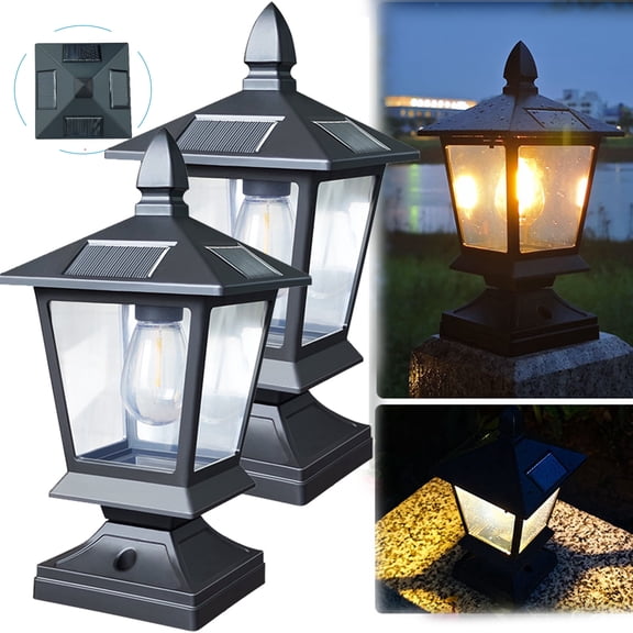 Solar Post Cap Lights, 600mAh Battery, Waterproof Outdoor Light for 4x4 Wooden Posts with Glass Shade for Deck Fence Patio Post Decor,Matte Black (2 Pack)