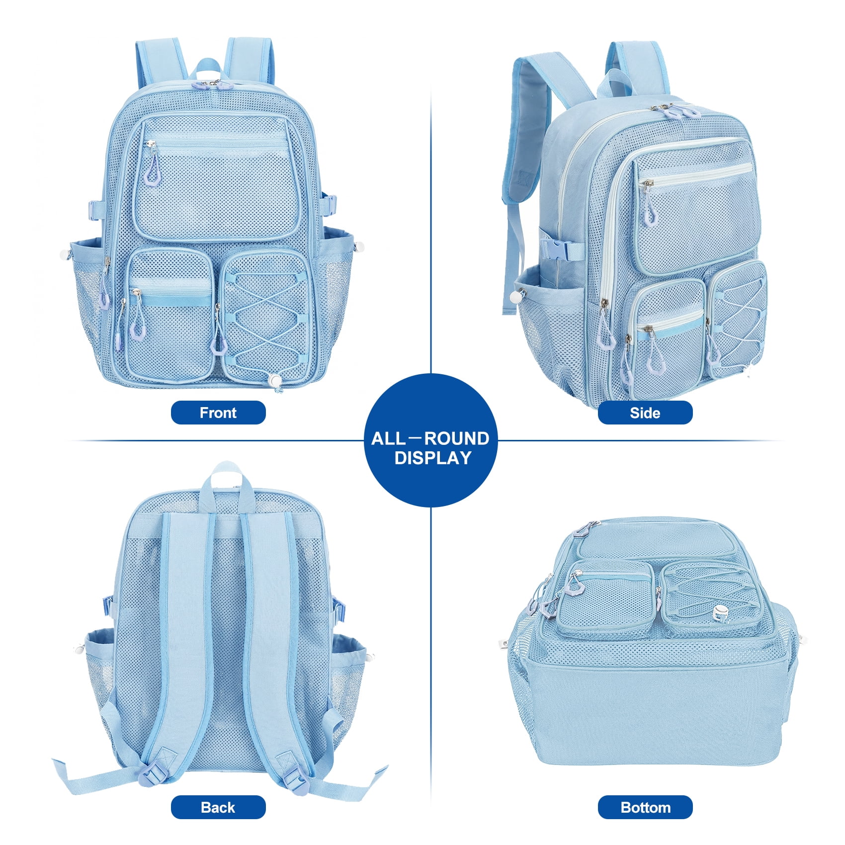 KOITHOT Mesh Backpack Heavy Duty, Stadium Approved Multi-Pocket Beach Backpacks for Adults, See Through Transparent Mesh Bookbag for School & Travel(Blue)