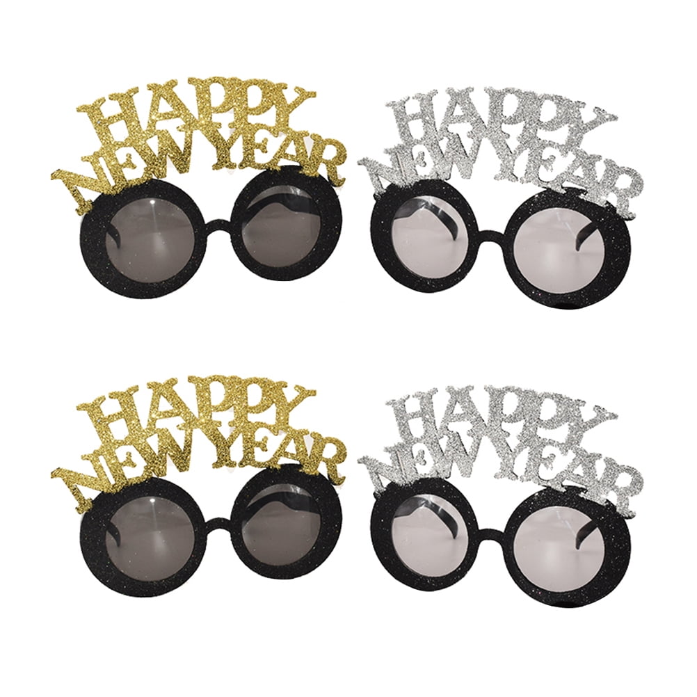 Amosfun 4pcs Happy New Year Glasses Sunglasses glitter Funny Party Eyeglass New Years Eve Party Favors Gifts Photo Booth Props supplies 