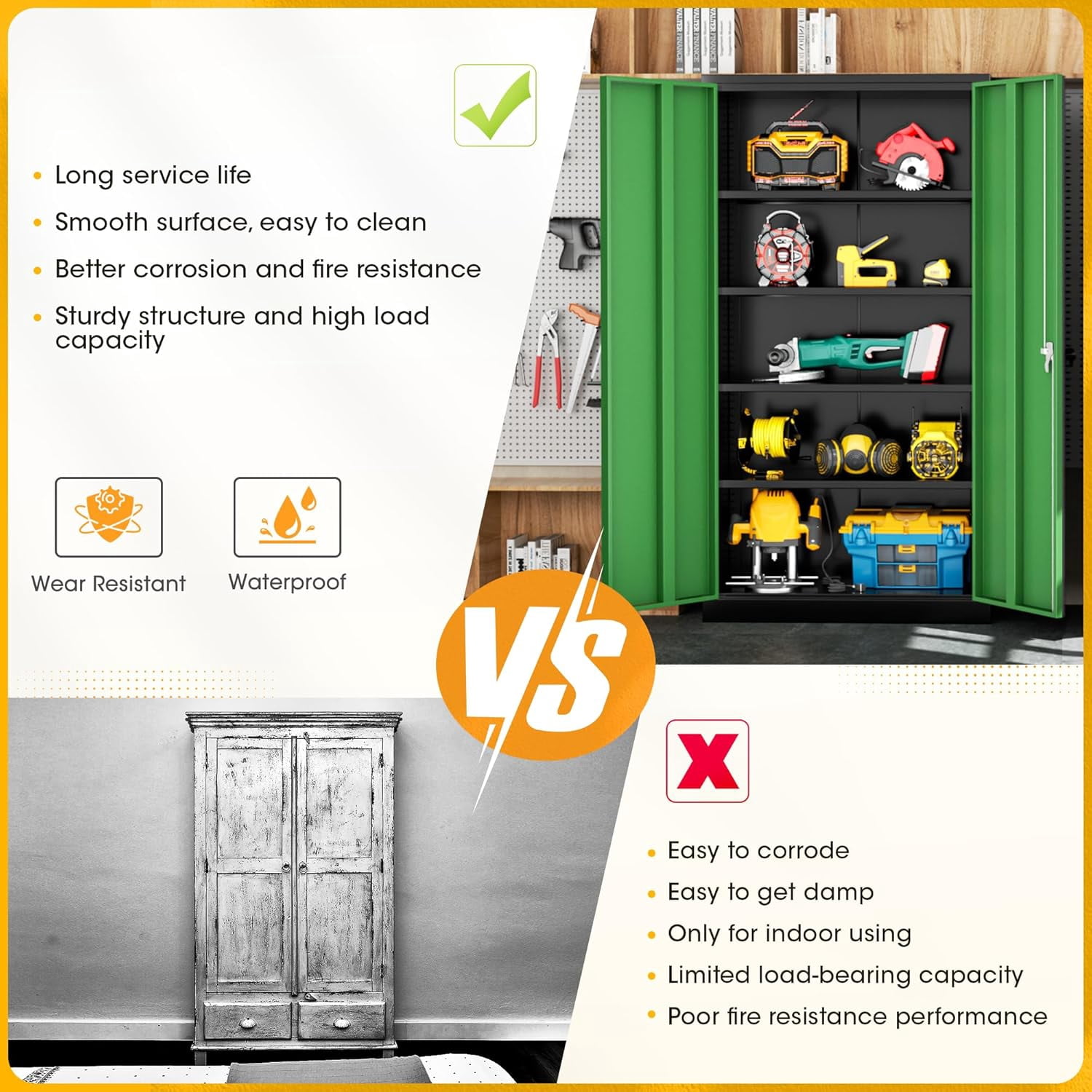 SOLAURA 72" Metal Garage Storage Cabinet with Locking Doors and Adjustable Shelves for Home, Office(Black Green)