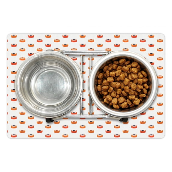 Sushi Pet Mat for Food and Water, Repeating Food Pattern Raw Fish and Rice with Caviar Toppings Flat Style, Non-Slip Rubber Mat for Dogs and Cats, 18" X 12", by Ambesonne