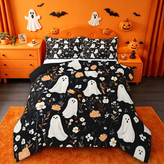 Homewish Halloween Floral Ghost Full Size Comforter Sets,Wild Autumn Flower Pattern Bedding Comforter Set,Black Cream Orange,Black Reversible,3-Piece,1 Comforter and 2 Pillowcases