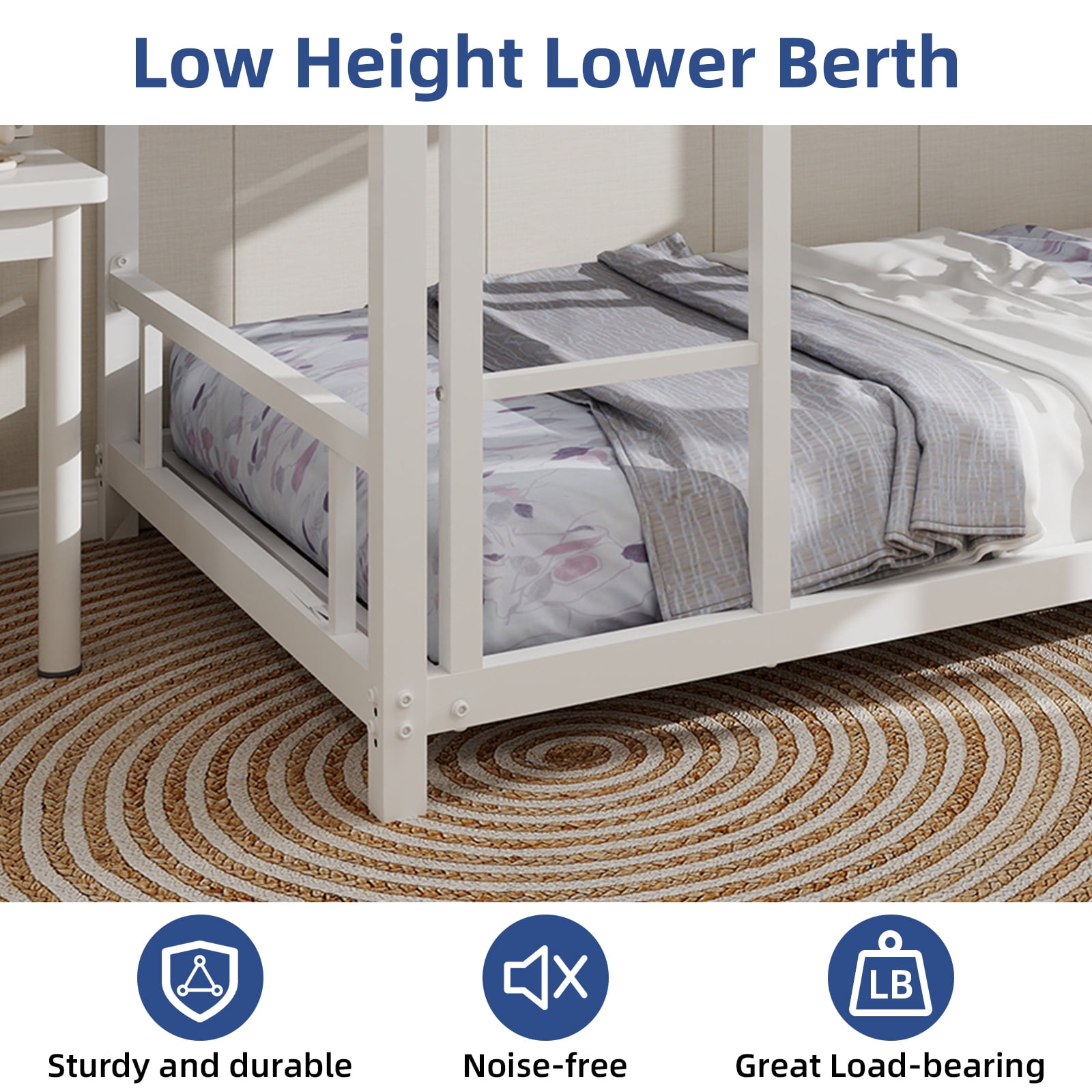 Alvantor Metal Bunk Bed Twin over Twin for Kids Adults, Low Bunk Bed with Guardrails and Ladder for Bedroom White