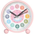 thumbnail image 1 of Reloj analógico de 4" que funciona con pilas, perfecto para el aprendizaje en el dormitorio. Dulce despertador rosa para niños, 1 of 5