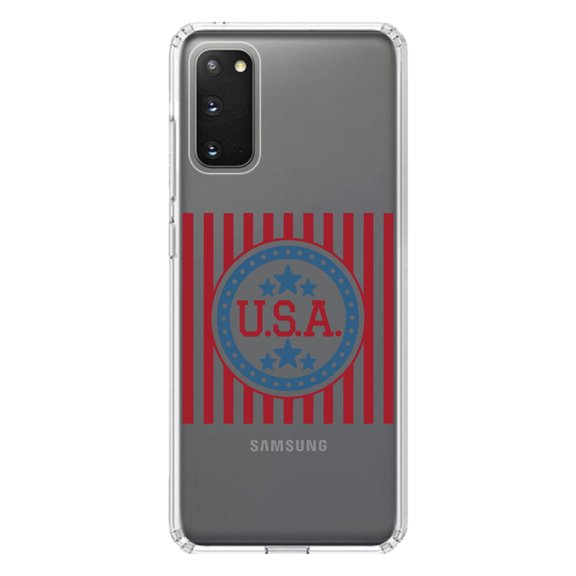 DistinctInk Clear Shockproof Hybrid Case for Galaxy S20 PLUS / 5G (6.7" Screen) - TPU Bumper Acrylic Back Tempered Glass Screen Protector - USA Banner Flag Red White & Blue