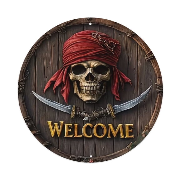 Retro Pirate Welcome Round Tin Sign Vintage Metal Poster Living Room Bar Man Cave Home Wall Art Decor 8x8inch