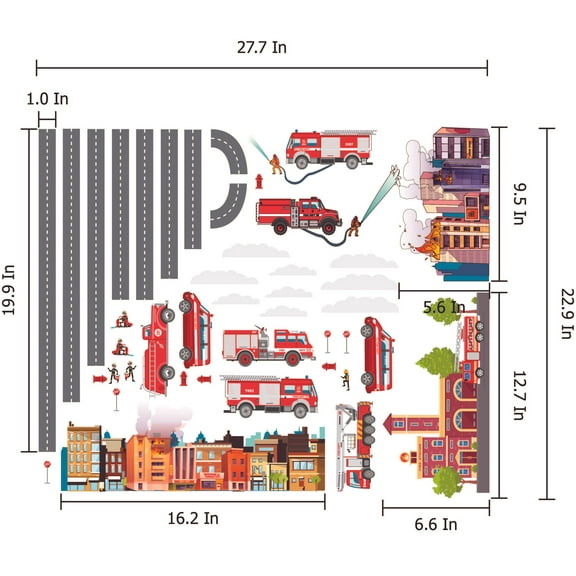 THE CITY - Vinyl Repositionable City Fire Station Decal Sheet Adhesive Home Wall Decoration - Multicolored Kids Bedroom Reusable Fire Station Design Removable Wall Decor Sticker 27.7" x 22.9"