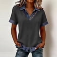 thumbnail image 2 of Dwellite Denim Shirt for Women Short Sleeve Denim Top Collared V Neck Buttons Decor Dressy Casual Blouse Dark Gray L, 2 of 6