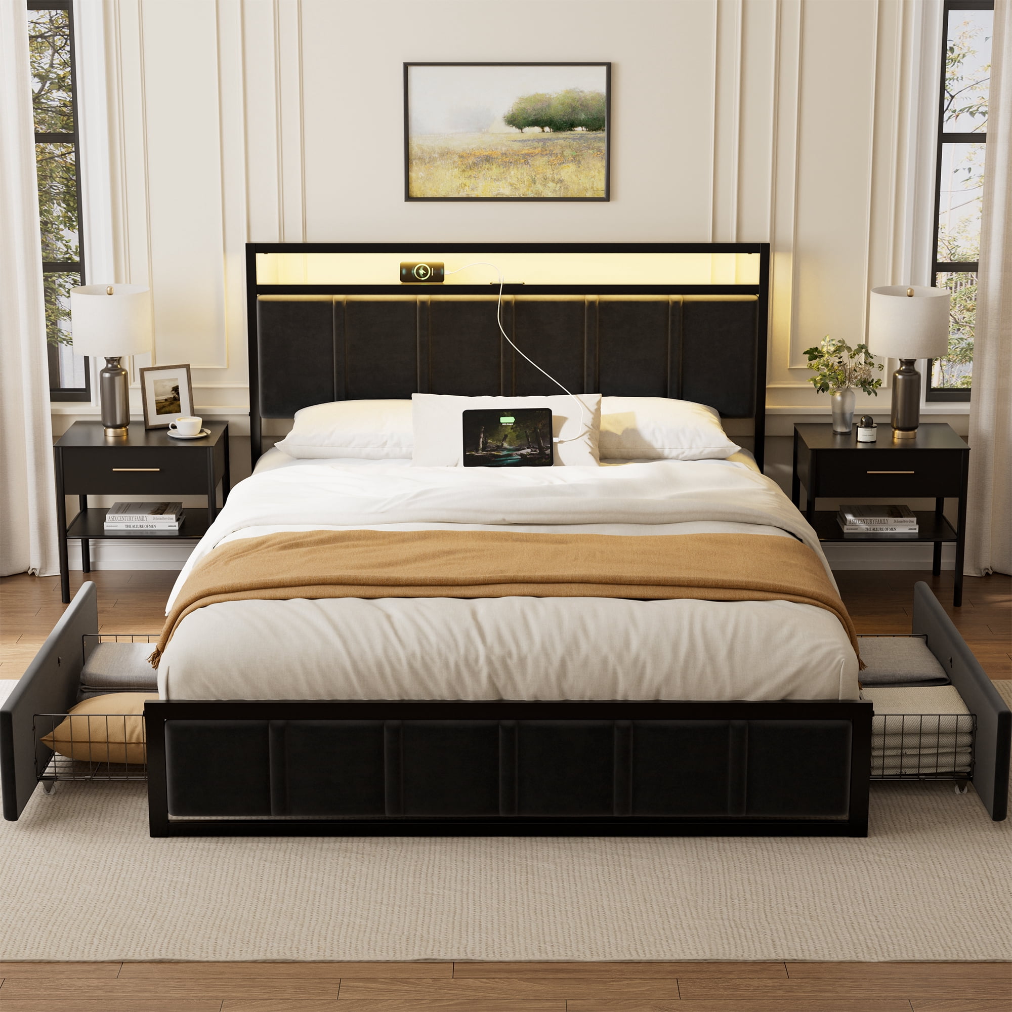 GUNAITO Queen Bed Frame with Headboard, Platform Bed with 2 Drawers, Velvet Upholstered Bed Frame with LED Lights & Charging station，Black