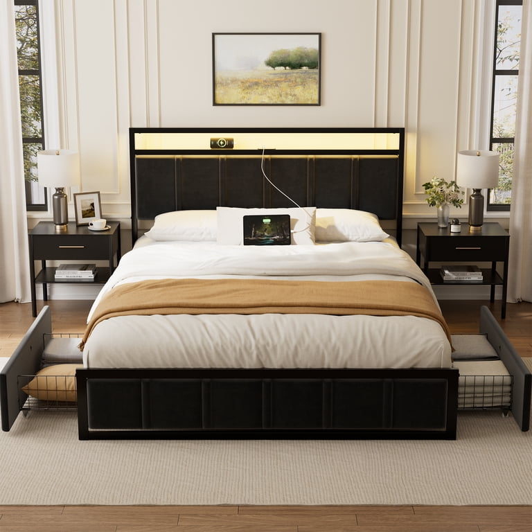 GUNAITO Queen Bed with Storage Drawers, LED Lights & Charging photo 8