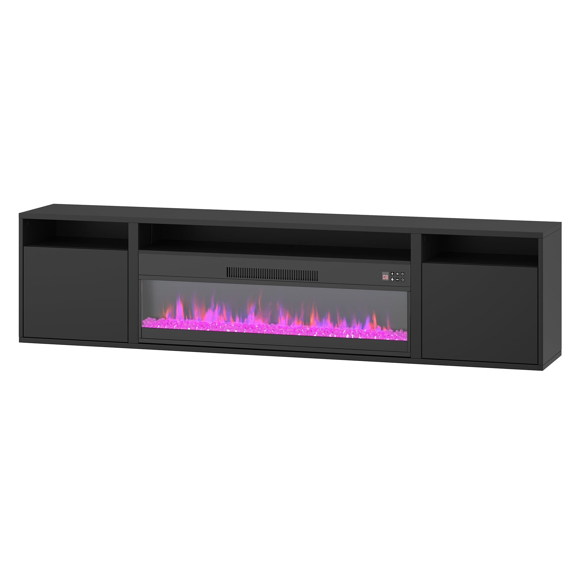 BELLEZE Floating Fireplace TV Stand Wall Mounted with 36" Electric Fireplace Heater, 70" LED Entertainment Center with Storage for TVs up to 75", Modern Media Console TV Shelf For Living Room (Black)