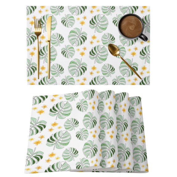 Summer Palm Leaves Placemats Set of 8, Rustic Boho Tropical Green Yellow Botanical Non-Slip Place Mats Washable Table Mats for Kitchen Dining Table Decorations Indoor/Outdoor