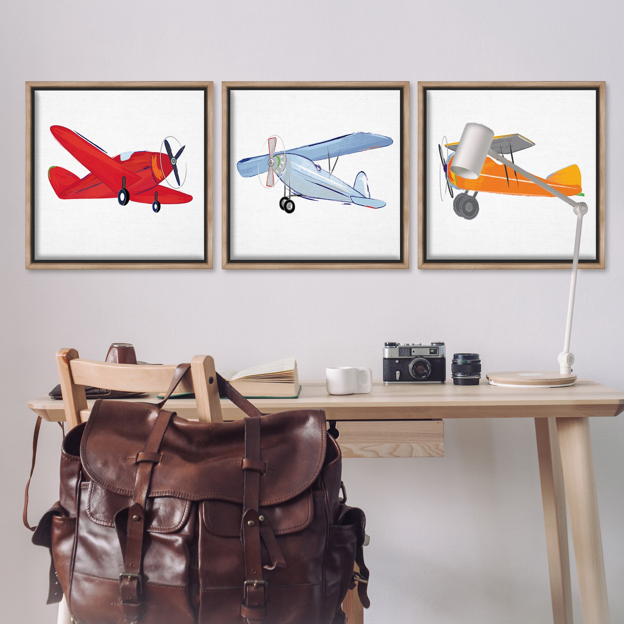 Stupell Industries Triple Colorful Airplanes Drawing Art for Kids Painting Brown Floater Framed Canvas Art Print Wall Art, 25 x 25, Set of 3