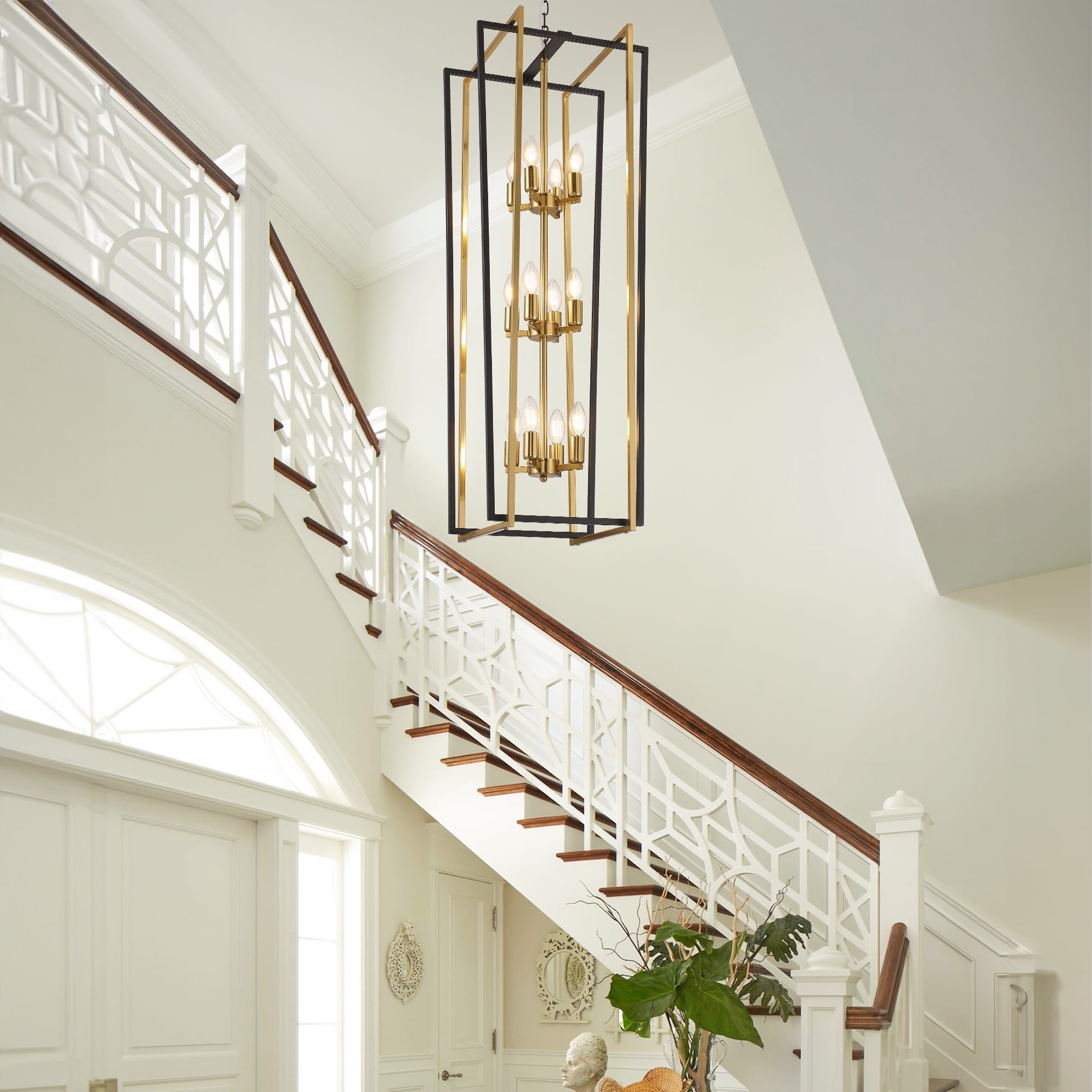 LovingAHome 12-Light  Farmhouse Lantern Pendant Light Long Chandeliers for High Ceilings Foyer Pendant, Black & Gold