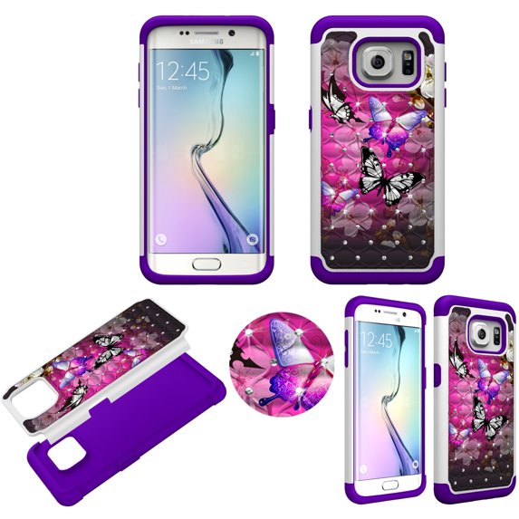 Hybrid White Flower Butterfly Crystal Diamond for Samsung Galaxy S7 Edge G935 Ultra Shock Proof Lightweight Case Drop Protective TPU+PC Bling Case Shock Absorb Enhanced Bumper Dual Layer Designer Rhi