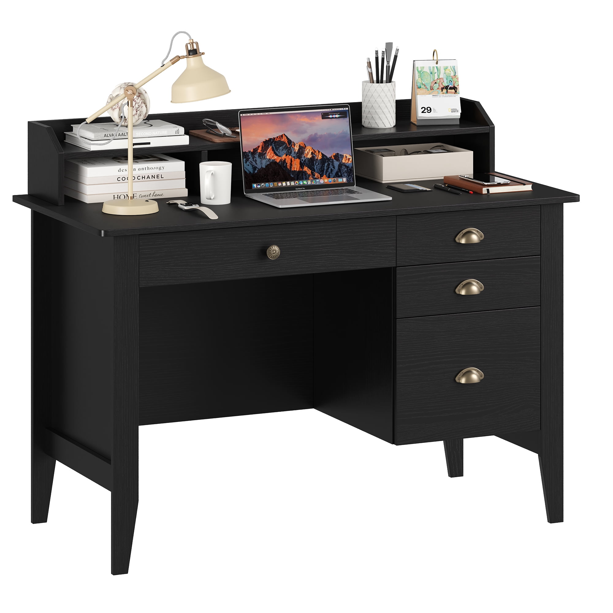 Homfa Black Computer Desk with Monitor Stand, 47in Wide Office Desk with Storage, Modern Executive Desk with File Drawers for Home & Study