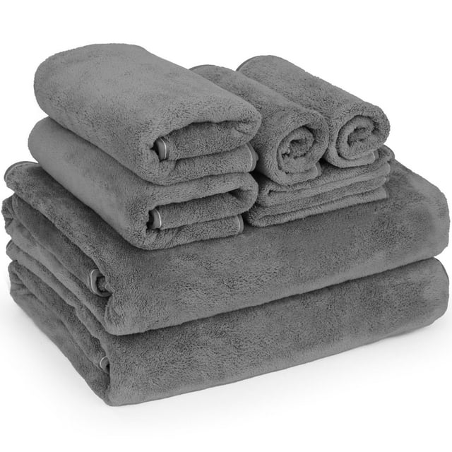 Juego de Toallas de Baño de 8 Piezas, Suave y Agradable para La Piel Vellón de Coral Toalla, Super Absorbente y Secado Rápido, Lavable a Máquina, Toallas Baño para Hogar, Hotel, Gimnasio(Gris Oscuro)