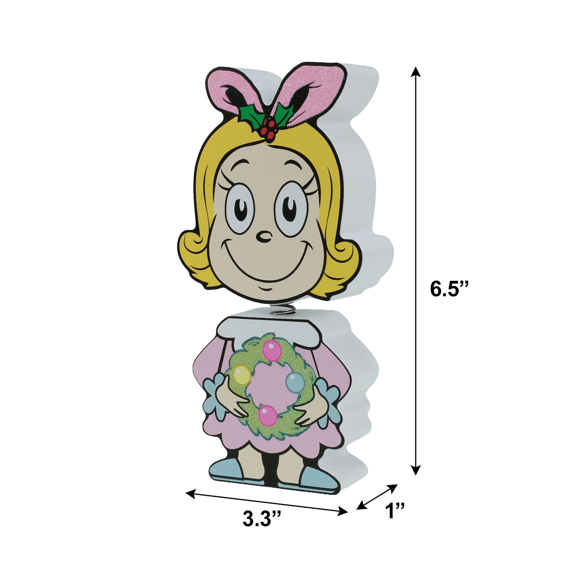 Dr. Seuss Cindy‑Lou Who Wooden Bobble Head – Pink Christmas Figurine with Wreath