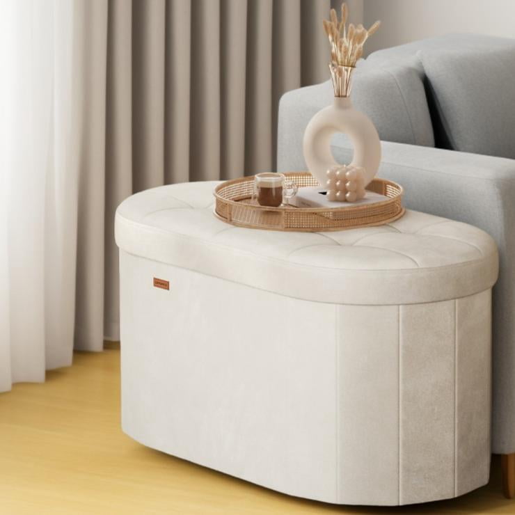 LEDREM 30" Foldable Storage Ottoman Bench, Velvet Fabric Ottoman with 2 Internal Dividers, Footrest for Bedroom Living Room, Cream White