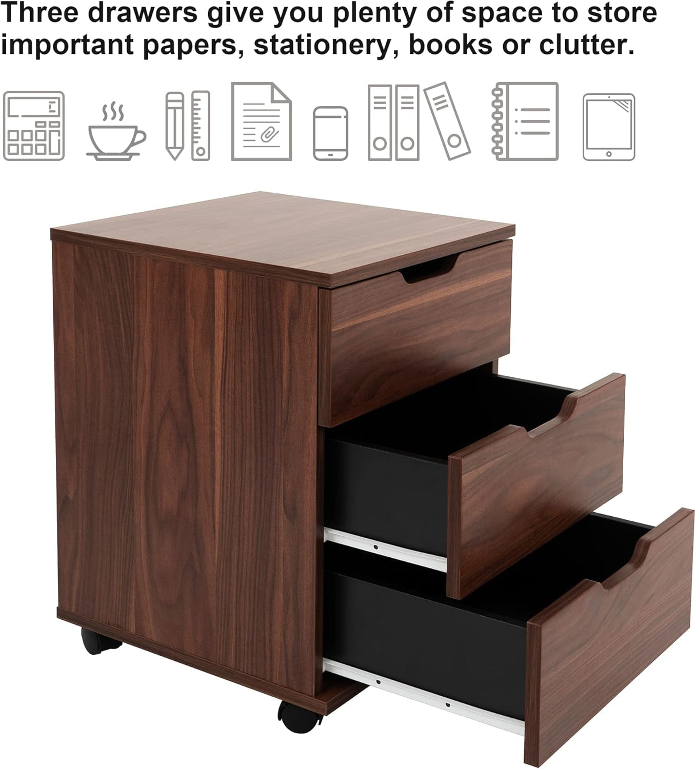 3-Drawer Vertical Filing Cabinet Rolling Wood Mobile File Cabinets Under Desk for Home Office with Casters (Brown Walnut, Fully Assembled)