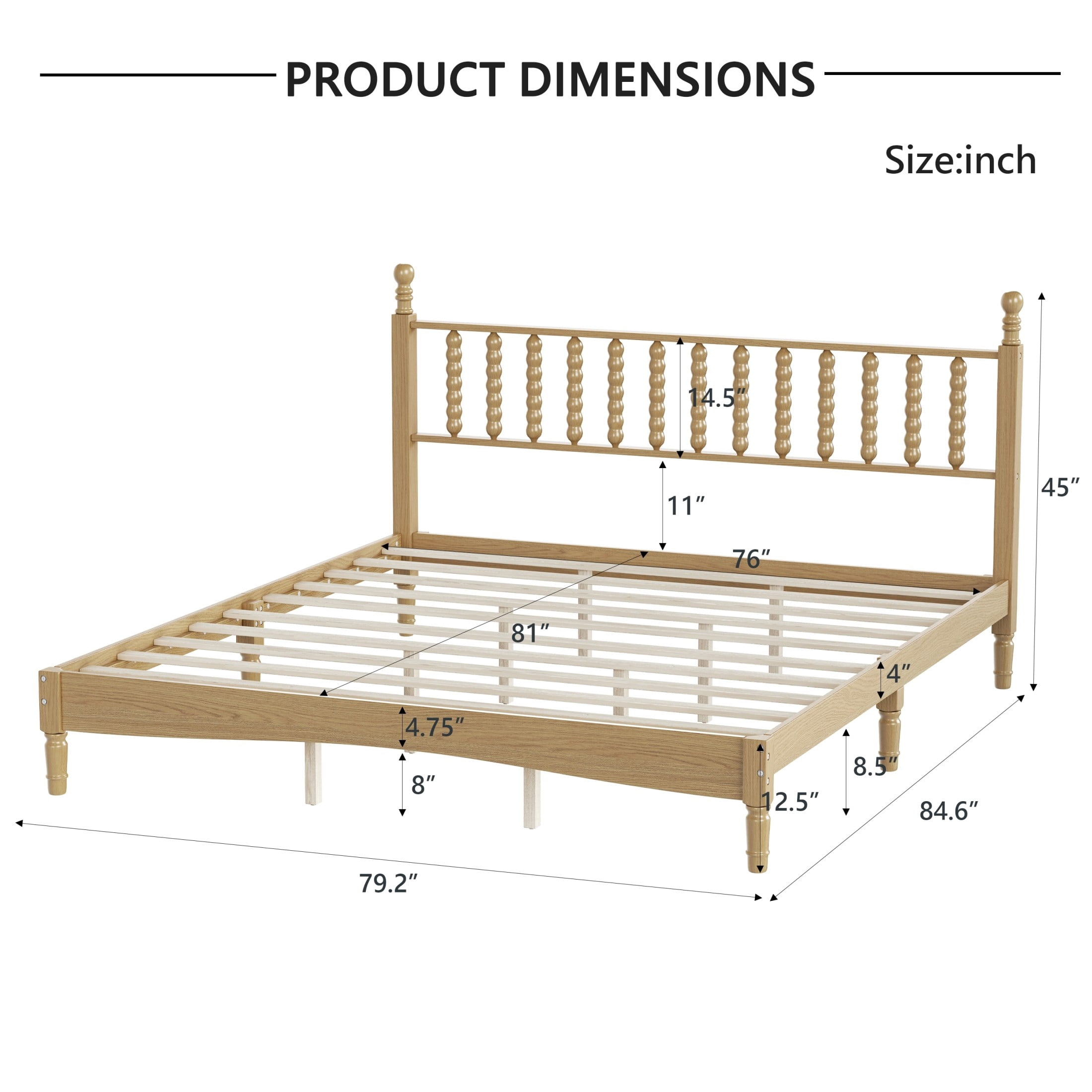 Noble House King Size Platform Bed with Gourd Shaped Headboard, Wooden Slat Support, Natural