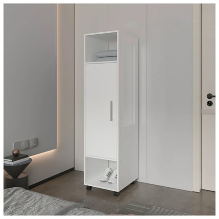 White 1-Door Wardrobe with Mirror and Open Storage, Modern Bedroom Closet