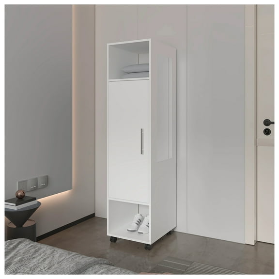 White 1-Door Wardrobe with Mirror and Open Storage, Modern Bedroom Closet