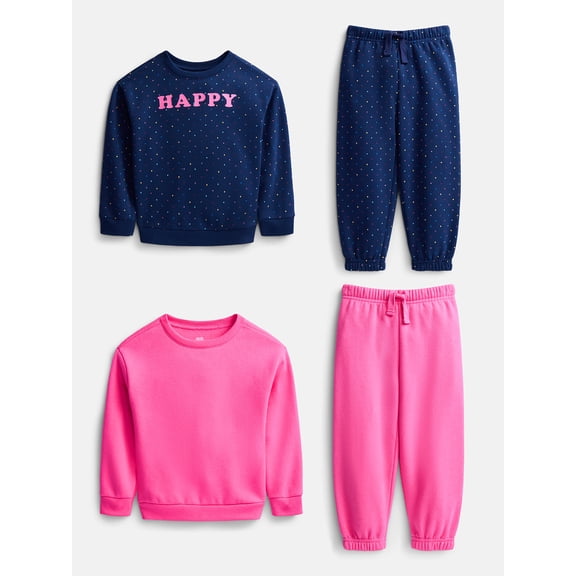 Wonder Nation Toddler Girls Fleece Crewnecks and Joggers, 4-Piece Outfit Set, 4-Piece, Sizes 2T-5T