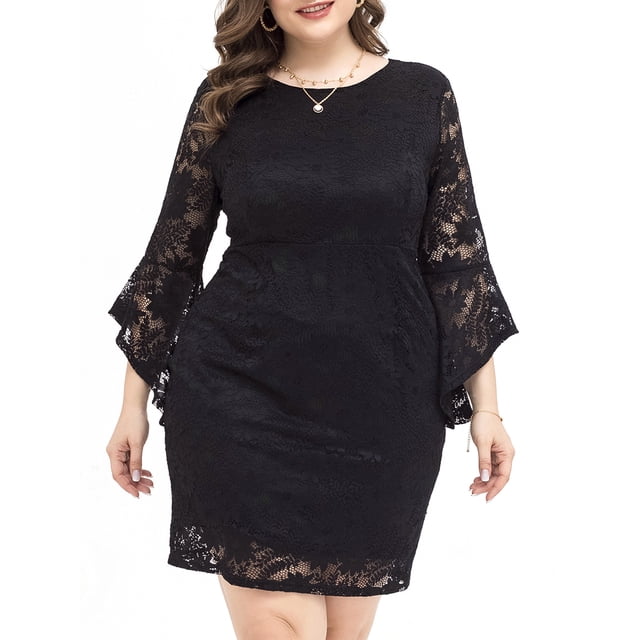 Vestido, Vestido de encaje de talla grande para mujer Vestido elegante de fiesta de noche negro Tomshoo 4X-grande