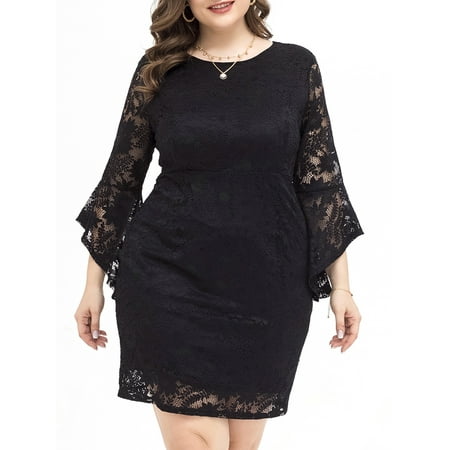 

OWSOO Women Plus Size Lace Dress Elegant Party Evening Black Dress