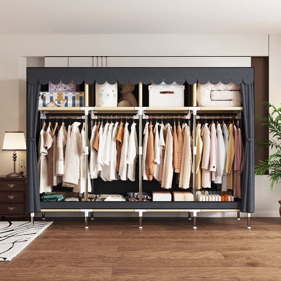 ArluKin Portable Closet Storage Organizer Clothes Wardrobe Shoe Clothing Rack Shelf Dustproof Non-woven Fabric, Quick and Easy to Assemble，Gray