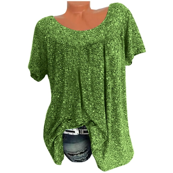 zfwon Tshirts for Women Plus Size Summer Blouse Short Sleeve Crew Neck Pleated T-Shirt Round Neck Tunic Tops Casual Loose Floral Printed Tunic Blouse Shirts Comfy Tee Shirt