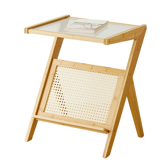 Sofa Side Table, Bamboo Support Home Decor Glass Tabletop End Table Modern for Living Room