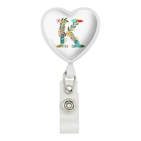 Letter K Floral Monogram Initial Heart Lanyard Retractable Reel Badge ID Card Holder
