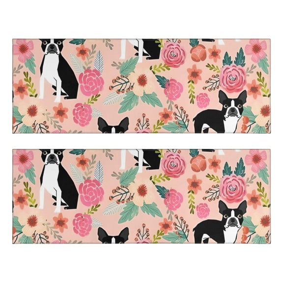 Kitchen Rugs Sets Of 2,Pink Boston Terrier and Flower Anti Fatigue Kitchen Mat Rugs Non Slip Washable,Decorative Kitchen Floor Mats for Kitchen,Sink,Laundry,17"X47"