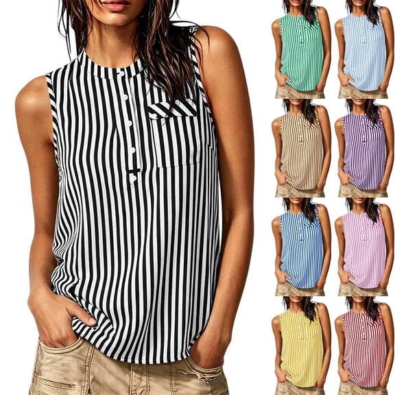 VBVC Women's Striped Henley Tank Top , Sleeveless Shirts For Women,Ladies' Casual Button Front Blouse with Pockets,Black,S-2XL